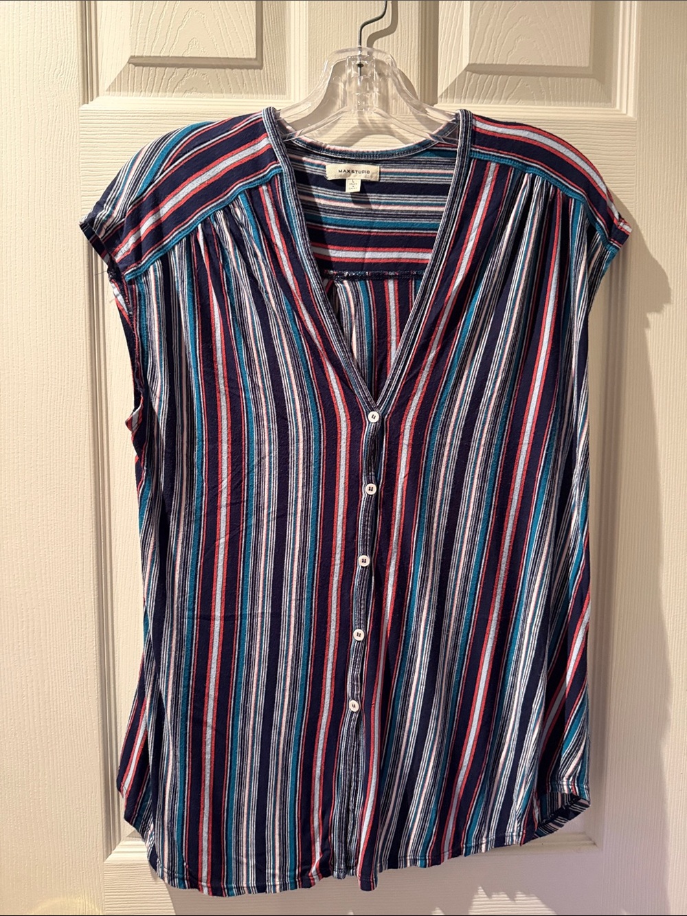 Max Studio Navy, Red & White Striped Button Front Cap Sleeve Top